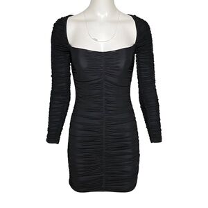 Michael Costello x Revolve Franky Mini Dress Black Ruched Mesh Square Neck XS